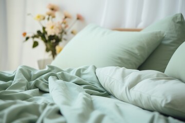  a bed with a light green comforter and a vase of flowers on the side of the bed with a light green comforter.