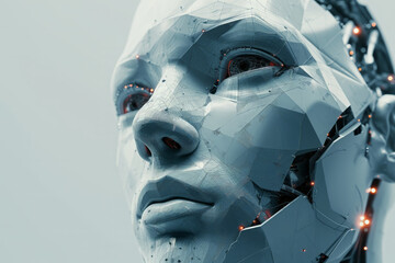Three-dimensional image of a female human face cyborg head