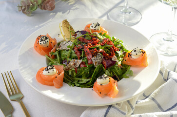Salad with Salmon, Arugula and Sun-Dried Tomatoes, Fresh Salad, Appetizer