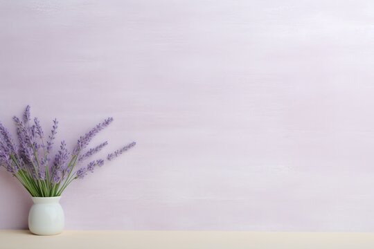  a white vase filled with purple flowers on top of a wooden table in front of a light purple painted wall.