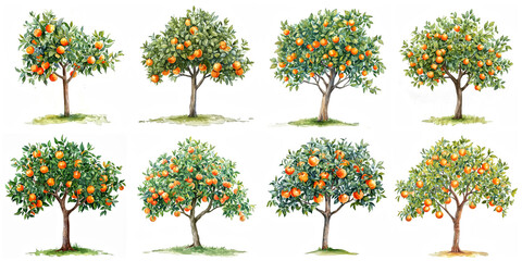 Set of watercolor orange tree illustration isolated on white background