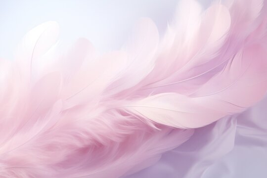 a close up of a pink feather on a blue and white background with a blurry image of the feathers.