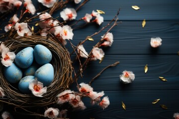  a bird nest filled with blue eggs sitting on top of a blue wooden table next to white and pink flowers.