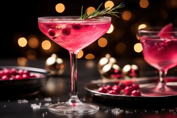  a close up of a drink in a glass on a table with a plate of cranberries in the background.