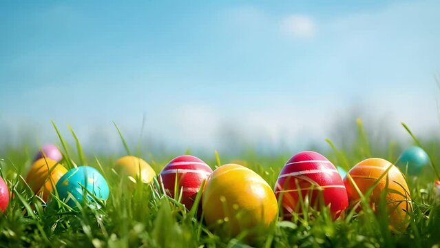 Happy Easter holidays background, decorated eggs on green grass under blue cloudy sky. Eggs hunting on lawn, Easter games on green field with grass moving in the wind with copy space. Happy Easter Hol