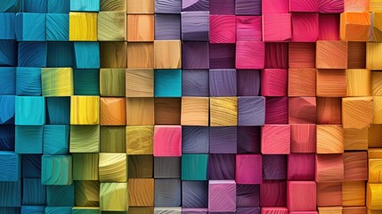 A striking visual of wooden blocks in a spectrum of colors forms an abstract, pixelated wall, suggesting diversity 