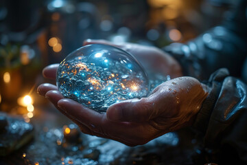 Fototapeta premium man demonstrates a holographic sphere presentation of modern biotechnology