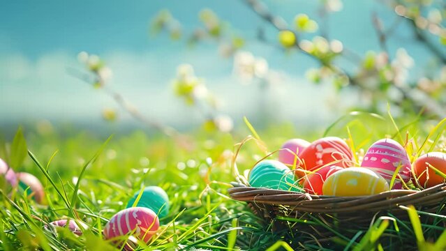 Happy Easter holidays background, decorated eggs on green grass under blue cloudy sky. Eggs hunting on lawn, Easter games on green field with grass moving in the wind with copy space. Happy Easter Hol
