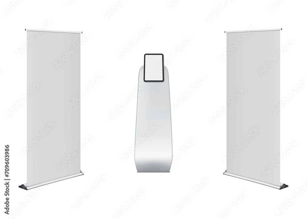 Wall mural trade show display set vector mock-up. white blank roll-up retractable banner stand and tablet stand