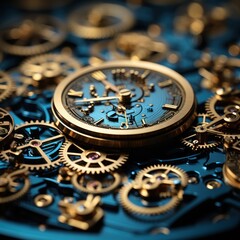  a close up of a blue and gold pocket watch with gears and dials on a blue and gold plated surface.
