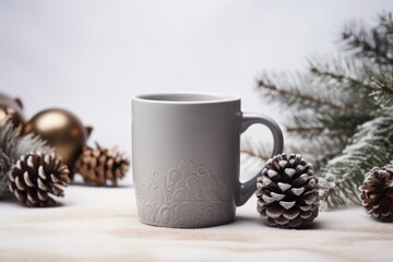 Obraz na płótnie Canvas a white coffee mug sitting on top of a table next to pine cones and a pine cone on top of a table.