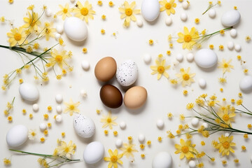 delicate flowers, dreamy style, ethereal light, eggs, easter, top view, pink