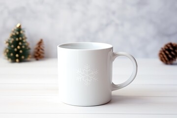 Obraz na płótnie Canvas a white coffee mug with a snowflake pattern on the inside of it sitting on a table next to a small christmas tree.