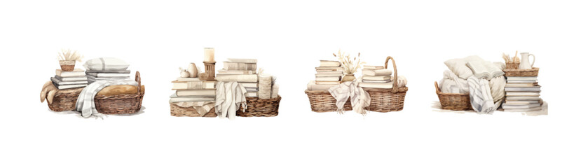 Wicker baskets and towels watercolor set. Vector illustration design.