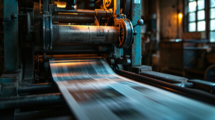 An old printing press in operation printing a newspaper.