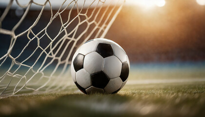 Fototapeta premium The soccer ball is about to enter the goal net.Side view.close up photo, sports concept,sport.Copy space.