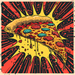 Pizza in a Vibrant Pop Art style, Comics and Graffiti Fusion Illustration in Modern, Trendy, Retro and Modern Twist, Contemporary Art.