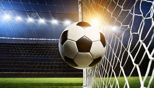 The soccer ball is about to enter the goal net.Side view.close up photo, sports concept,sport.Copy space.