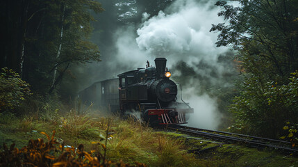 An old steam locomotive chugging through a misty forest emitting puffs of white steam.