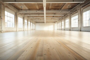  a large empty room with wooden floors and large windows on both sides of the room and a skylight in the middle of the room.