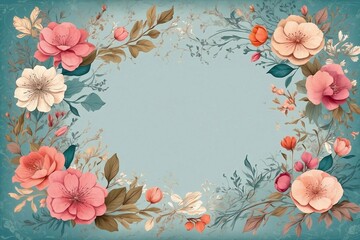 frame with roses on blue, vintage notes, design for invitations, greeting cards, and warm congratulations  - obrazy, fototapety, plakaty