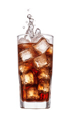 Carbonated drink with ice cubes on white background.