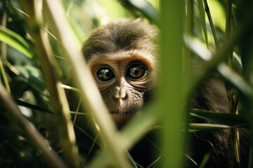  a close up of a monkey peeking out of the leaves of a tree with its eyes wide open and looking at the camera.