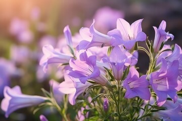  a bunch of purple flowers that are blooming in a vase on a table in a room with sunlight coming through the window.