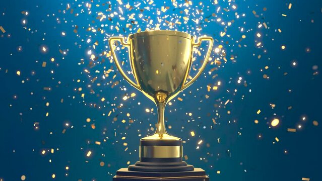 Golden trophy with falling golden confetti, Victory concept