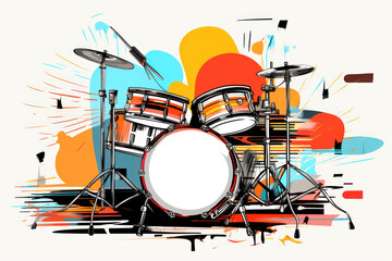  a drawing of a drum set with a splash of paint on the back of the drum set and a microphone on the side of the drum set.