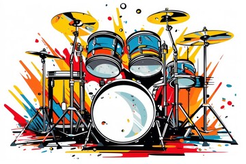  a drawing of a drum set with paint splatters on the side of the drum set and the drums on the side of the drum set.