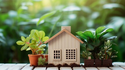 Fototapeta na wymiar Captivating Real Estate Investment: Small Toy House Amidst Greenery Symbolizes Suburban Living and Financial Growth