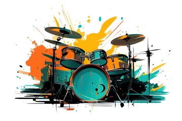  a painting of a drum set with a splash of paint on the side of the drum set and a splash of paint on the side of the drum set.