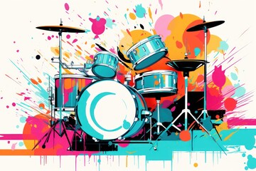  a picture of a drum set with paint splatters and splashes on the side of the drum set.