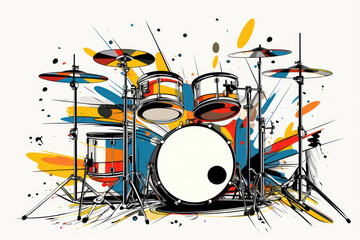  a drawing of a drum set with paint splatters and splashes on the side of the drum set.