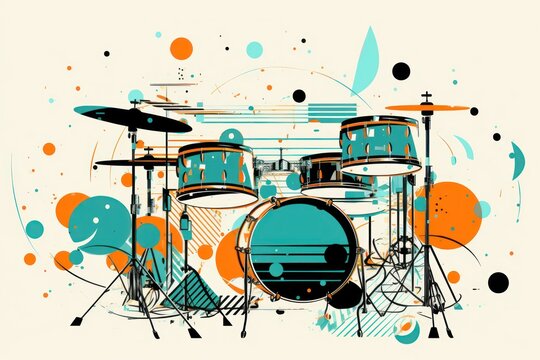  a drum set on a white background with blue and orange paint splattered on the drum heads and drumsticks.