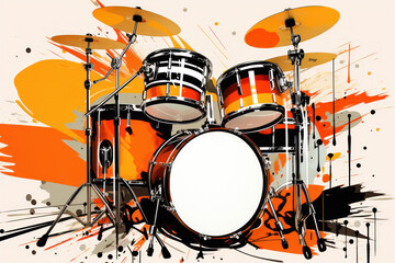  a painting of a drum set with orange and white paint splatters on the side of the drum set.