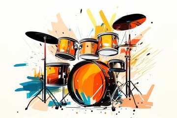  a painting of a drum set with orange and blue paint splatters on it's sides and a white background.