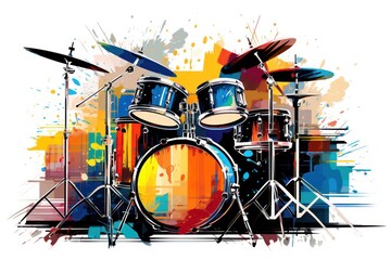  a drum set with drums and drumsticks on a multicolored paint splattered background with a splash of paint.