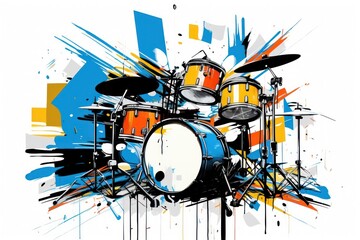  a painting of a drum set with paint splatters on the wall and a splash of paint on the floor.