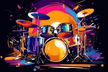  a painting of a drum set on a black background with colorful paint splatters and a splash of paint.