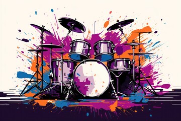  a painting of a drum set with paint splatters and drumsticks on a purple and white background.