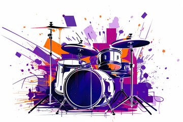  a painting of a drum set on top of a purple and orange background with grungy paint splatters.