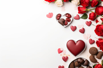 Fototapeta na wymiar valentine's day flowers, hearts, chocolate on marble white background, top view, mockup