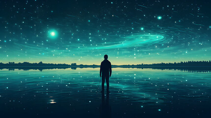 man standing on water watching the stars in sky
