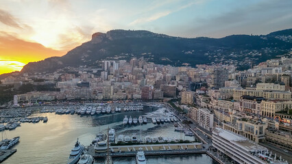 Montecarlo. Aerial view of Monaco skyline at sunset