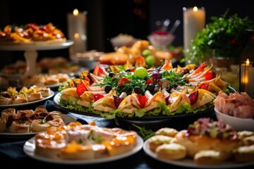  a close up of a plate of food on a table with other plates of food and candles in the background.