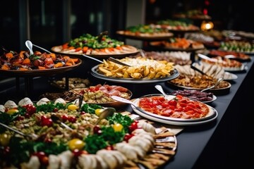  a buffet table filled with lots of different types of plates and platters filled with different types of appetizers.