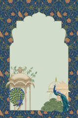 Traditional middle eastern seamless pattern and Mughal arch with peacock illustration frame for Invitation