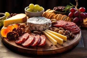  a variety of cheeses, meats, and cheeses are arranged on a wooden platter on a table.